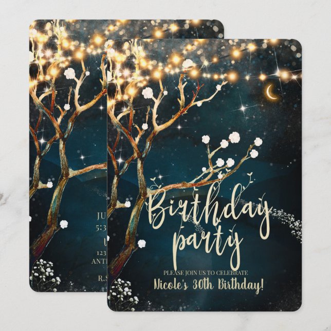 Rustic Evening Tree Lights Starry Birthday Party Invitation (Front/Back)