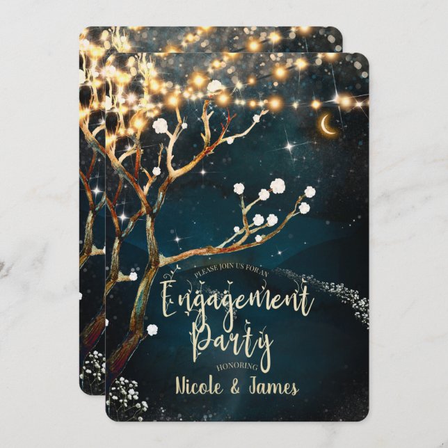 Rustic Evening Tree Lights Starry Engagement Party Invitation (Front/Back)