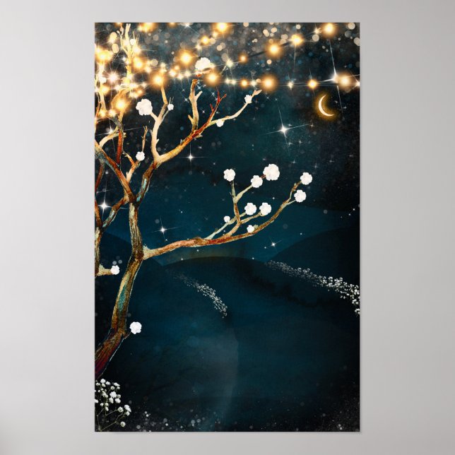 Rustic Evening Tree Lights Starry Night Wedding Poster (Front)