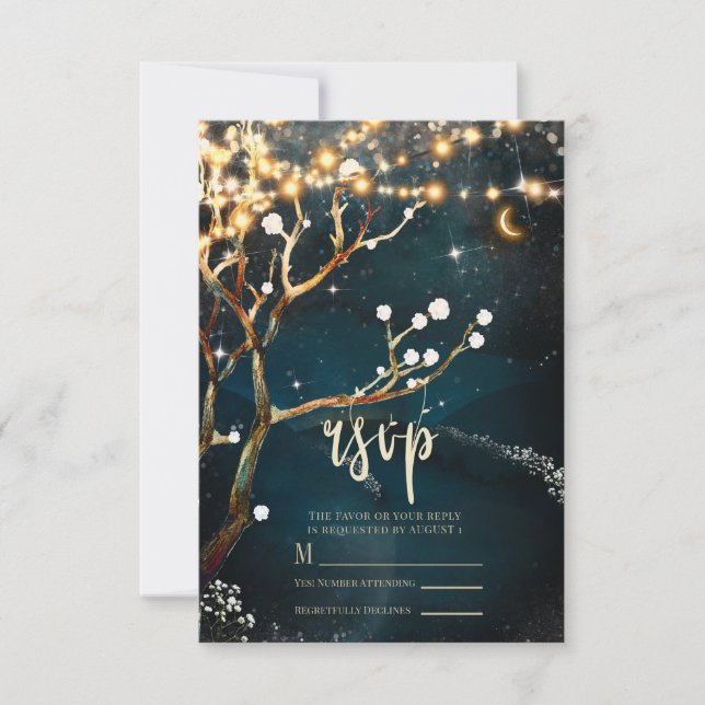 Rustic Evening Tree Lights Starry Night Wedding RSVP Card (Front)