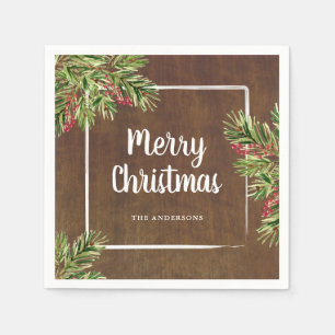 Rustic Evergreen and Berries Merry Christmas Napkin