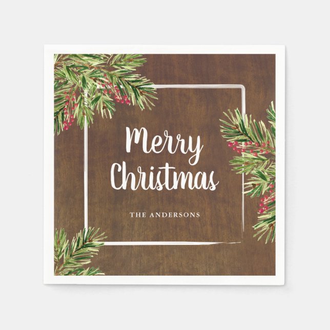Rustic Evergreen and Berries Merry Christmas Napkin (Front)