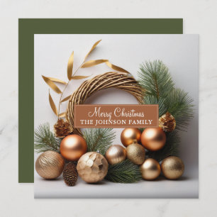 Rustic Evergreen And Wood Wreath Holiday Card