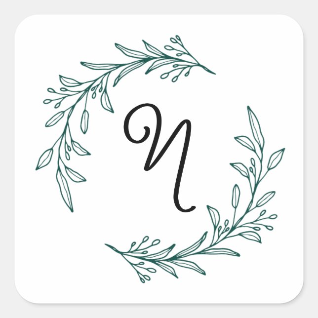 Rustic Evergreen Personalized Name Initial Wreath Square Sticker (Front)