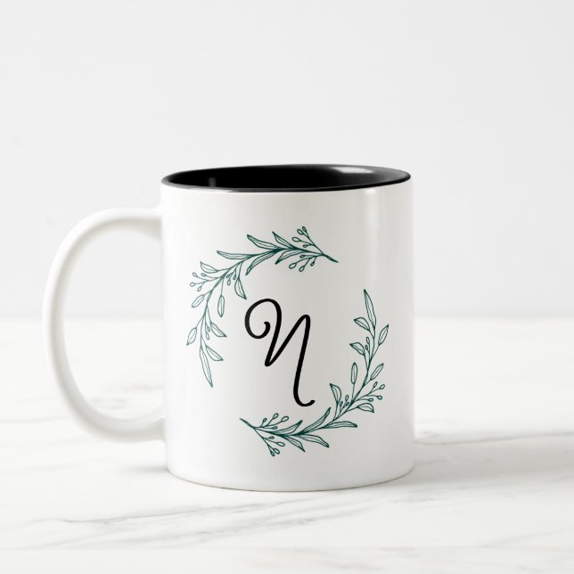 Rustic Evergreen Personalized Name Initial Wreath Two-Tone Coffee Mug (Left)