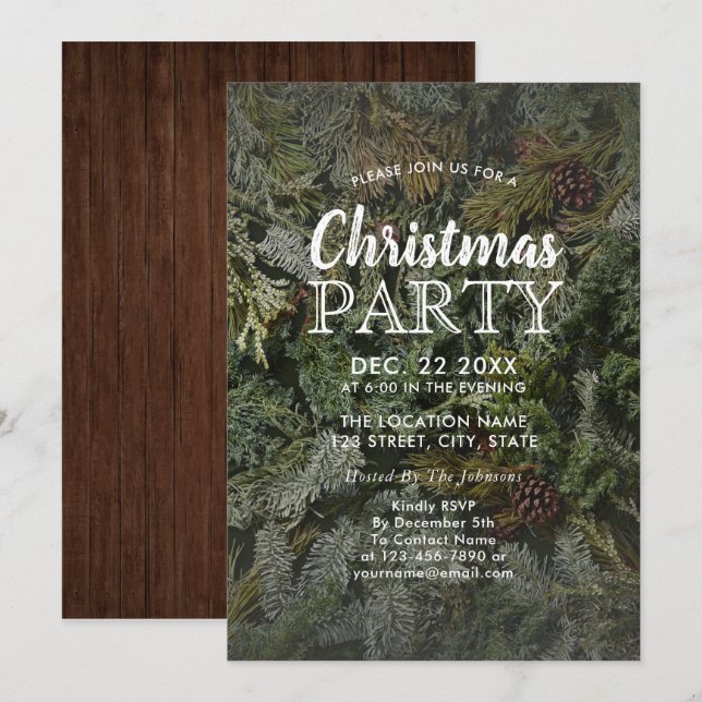 Rustic Evergreen & Pine Branches Christmas Party Invitation (Front/Back)