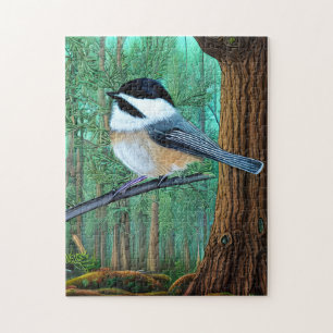 Rustic Evergreen Pine Chickadee Jigsaw Puzzle