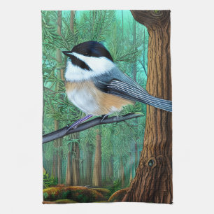 Rustic Evergreen Pine Chickadee Kitchen Towel