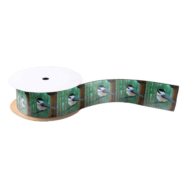 Rustic Evergreen Pine Chickadee Satin Ribbon (Spool)