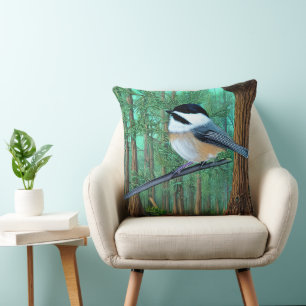 Rustic Evergreen Pine Chickadee Throw Pillow
