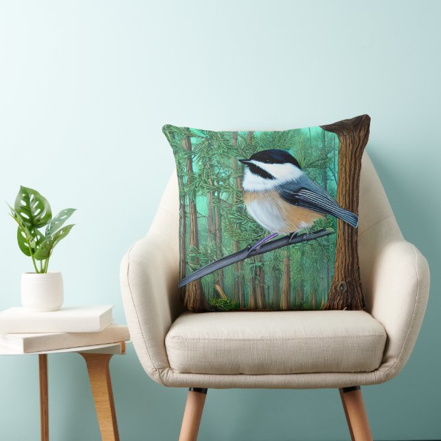 Rustic Evergreen Pine Chickadee Throw Pillow (Chair)