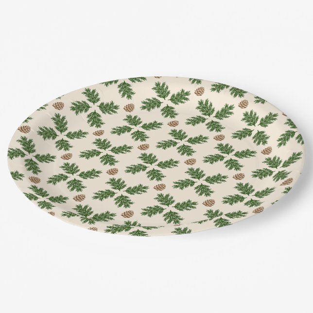 Rustic Evergreen & Pinecone Christmas Paper Plates (Angled)