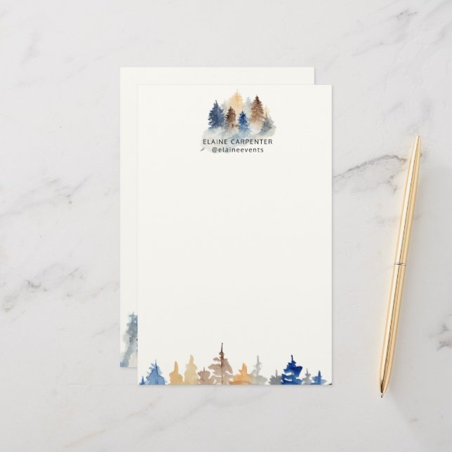 Rustic Evergreen Trees Monogram Stationery Paper (Front/Back In Situ)