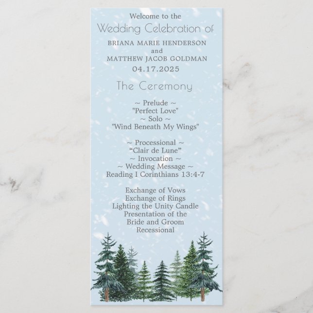 Rustic Evergreen Winter Pine Trees Wedding Program (Front)