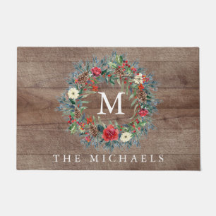 Rustic Evergreen Wreath Christmas Doormat