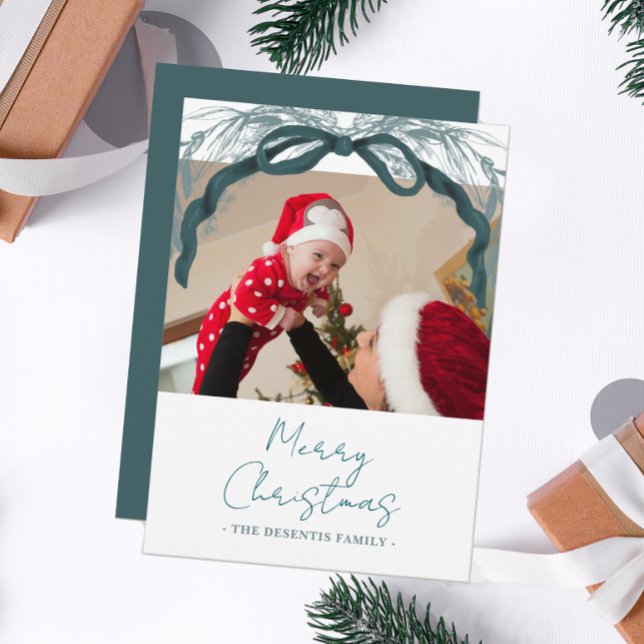 Rustic Evergreen Wreath Ribbon Christmas Photo Holiday Card (Creator Uploaded)
