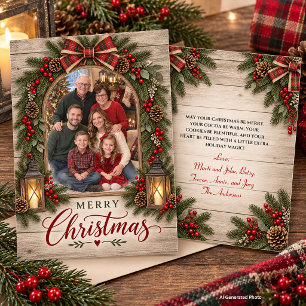 Rustic Evergreens Plaid Family Christmas Photo Holiday Card