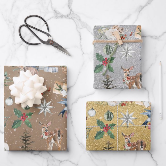 Rustic Everything Christmas Kraft Gold & Silver Wrapping Paper Sheet (Front)