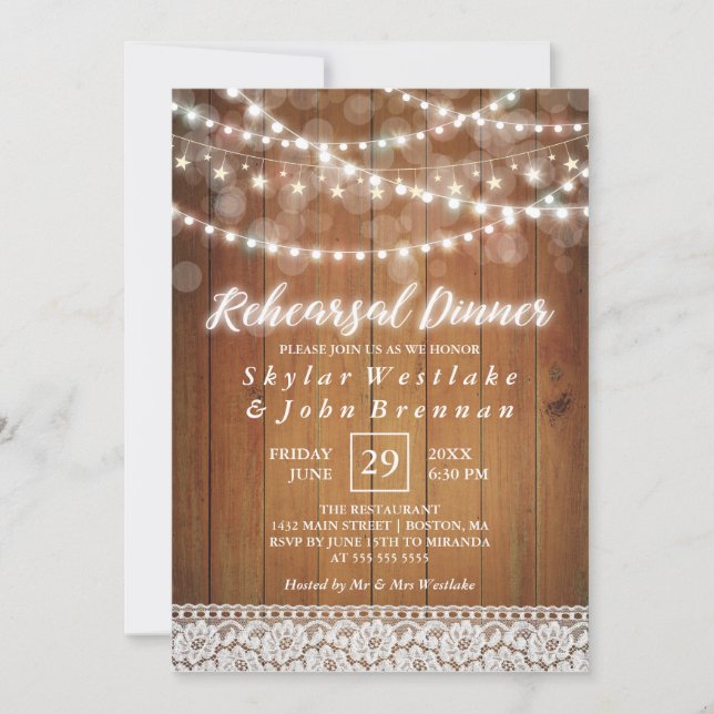 Rustic Fairy Lights Rehearsal Dinner Invitation (Front)