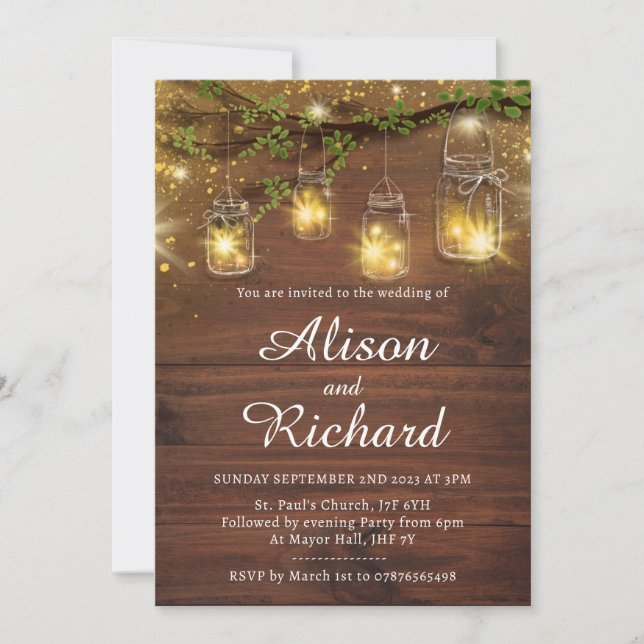 Rustic fairy lights wedding invitation, mason jar  invitation (Front)