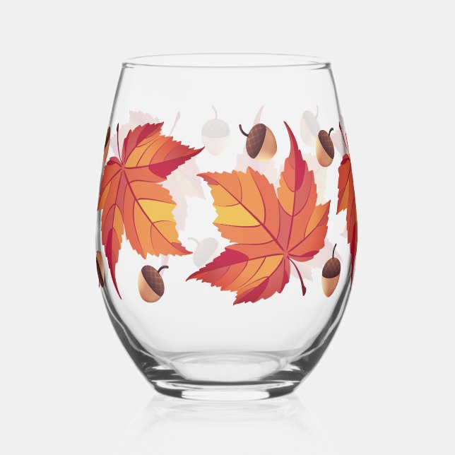 Rustic Fall Acorns & Red Leaves Foliage Stemless Wine Glass (Front)