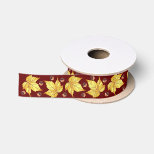 Rustic Fall Acorns & Yellow Leaves Foliage Satin Ribbon