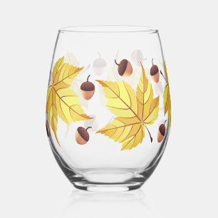 Rustic Fall Acorns & Yellow Leaves Foliage Stemless Wine Glass