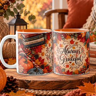 Rustic Fall Always Grateful Pumpkins Illustration Two-Tone Coffee Mug
