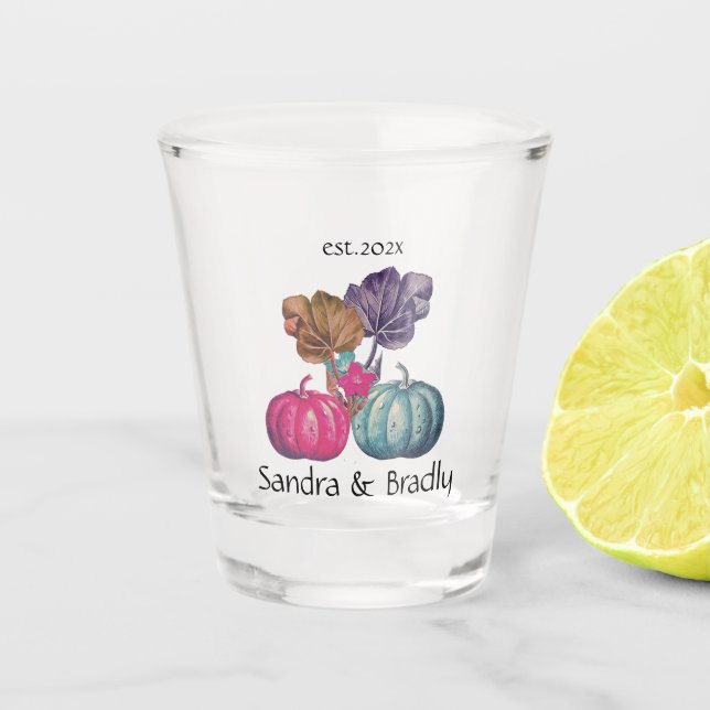 Rustic Fall Autumn Blue Pink pumpkins wedding  Shot Glass (Front)