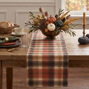 Rustic Fall Autumn Classic Plaid Rust Cream Black Short Table Runner