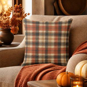 Rustic Fall Autumn Classic Plaid Rust Cream Black Throw Pillow