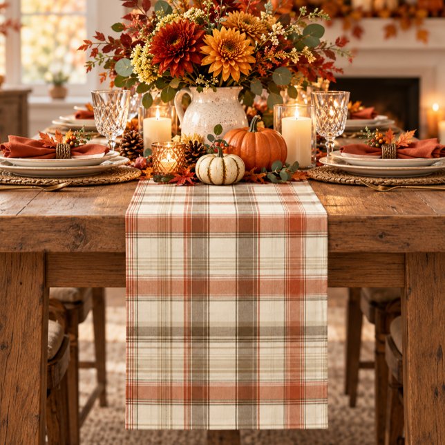 Rustic Fall Autumn Classic Plaid Rust Cream Brown Short Table Runner (Creator Uploaded)