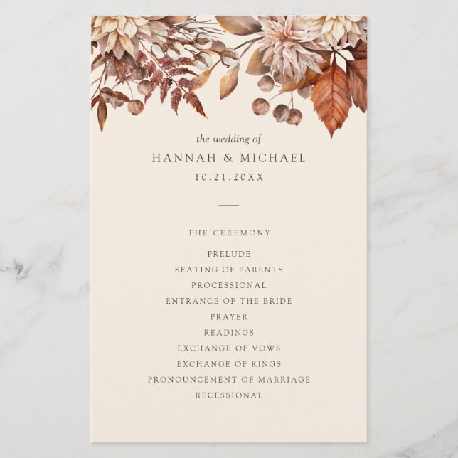 Rustic Fall Autumn Floral Foliage Wedding Program (Front)