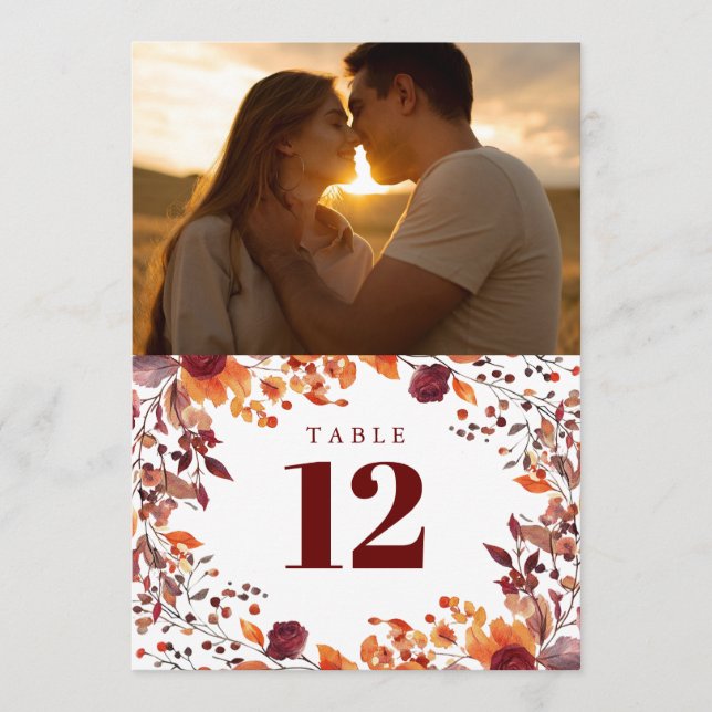 Rustic Fall Autumn Floral Photo Table Number (Front)