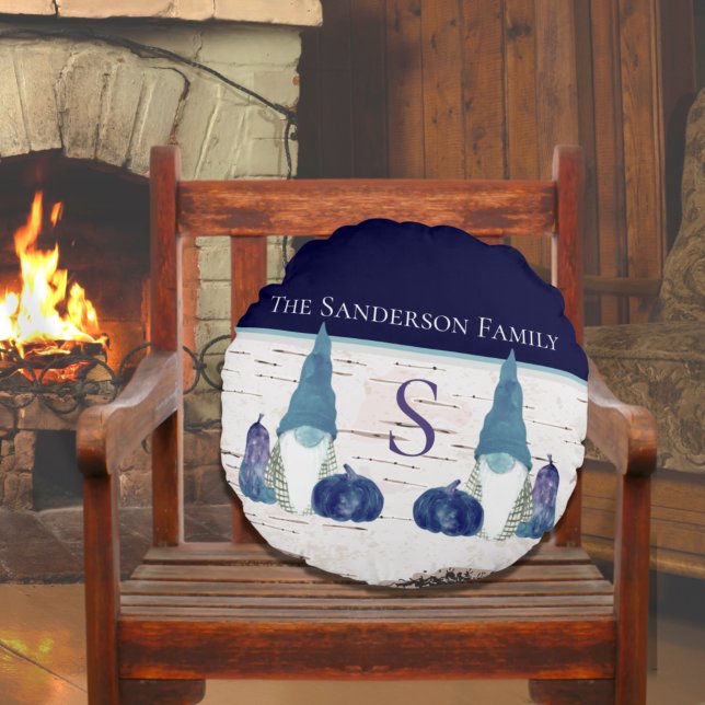 Rustic Fall Autumn Gnome Navy Dusty Blue pumpkins Round Pillow (Creator Uploaded)