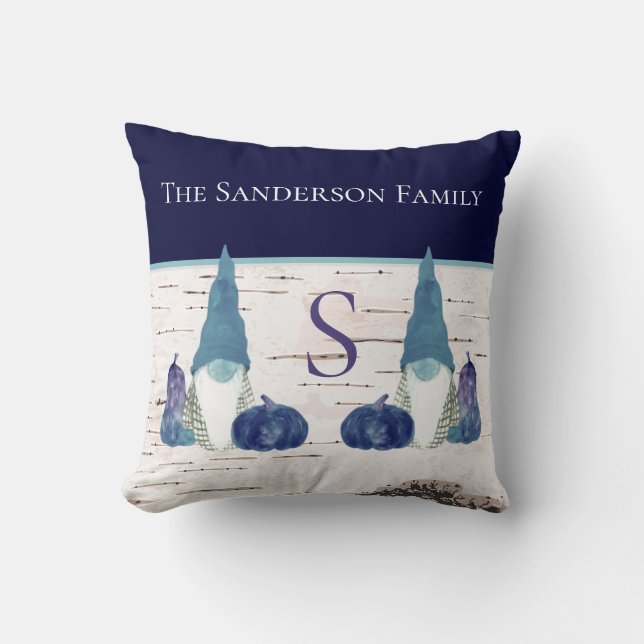 Rustic Fall Autumn Gnome Navy Dusty Blue pumpkins  Throw Pillow (Front)