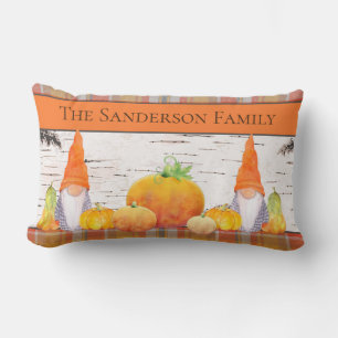 Rustic Fall Autumn Gnome orange plaid with pumpkin Lumbar Pillow