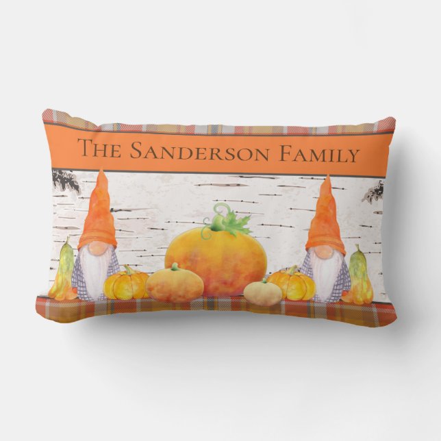 Rustic Fall Autumn Gnome orange plaid with pumpkin Lumbar Pillow (Front)
