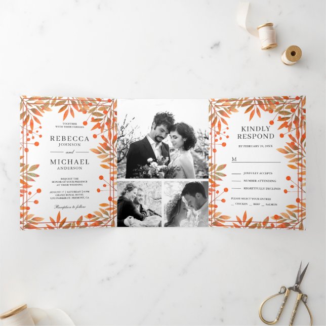Rustic Fall Autumn Leaves Photo Collage Wedding Tri-Fold Invitation (Inside)
