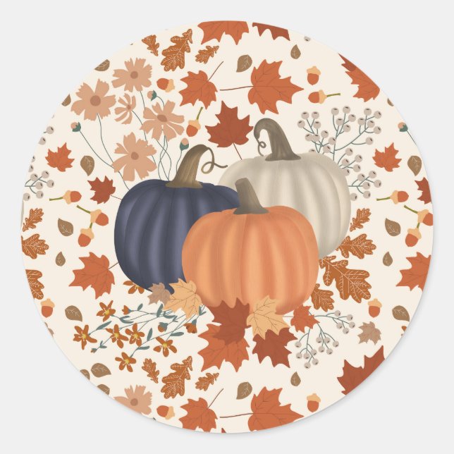 Rustic Fall Autumn Pumpkins Wildflowers Leaves Classic Round Sticker (Front)