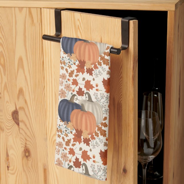 Rustic Fall Autumn Pumpkins Wildflowers Leaves Kitchen Towel (Thirds Fold)