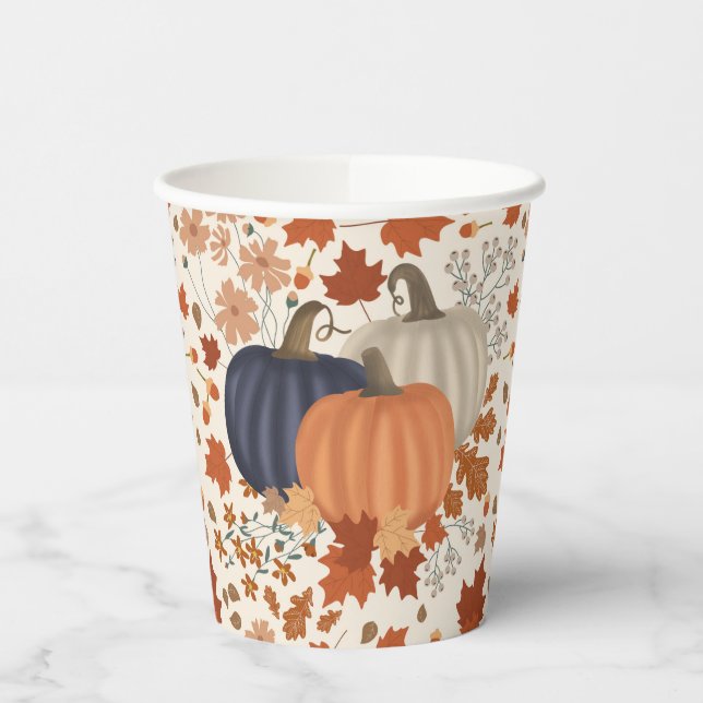 Rustic Fall Autumn Pumpkins Wildflowers Leaves Paper Cups (Left)