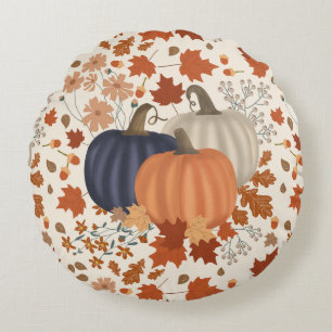 Rustic Fall Autumn Pumpkins Wildflowers Leaves Round Pillow
