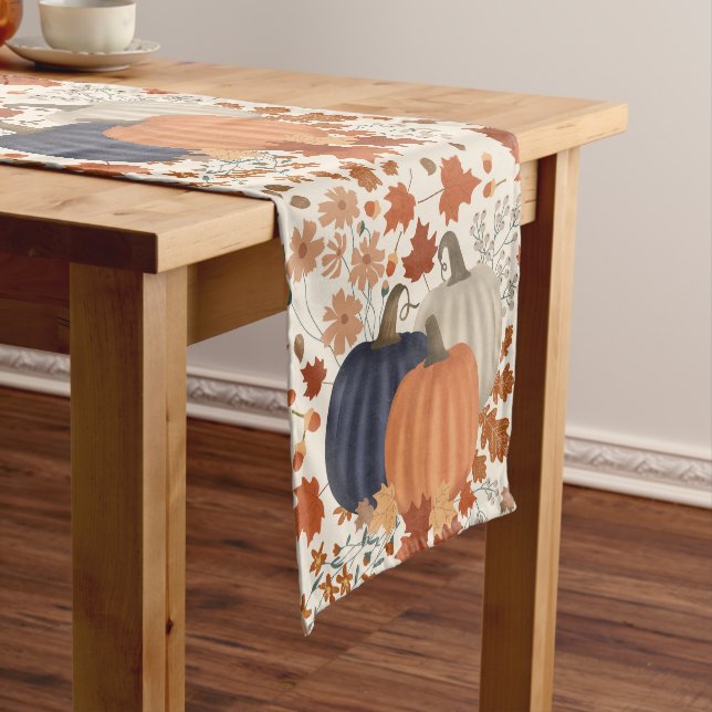 Rustic Fall Autumn Pumpkins Wildflowers Leaves Short Table Runner (In Situ)
