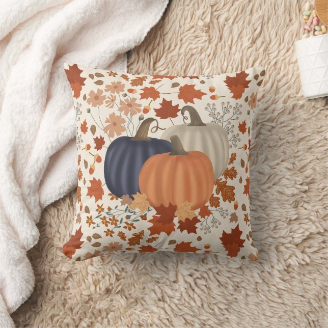 Rustic Fall Autumn Pumpkins Wildflowers Leaves Throw Pillow (Blanket)