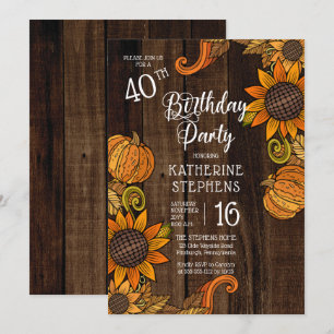 Rustic Fall Autumn Sunflowers 40th Birthday Party Invitation