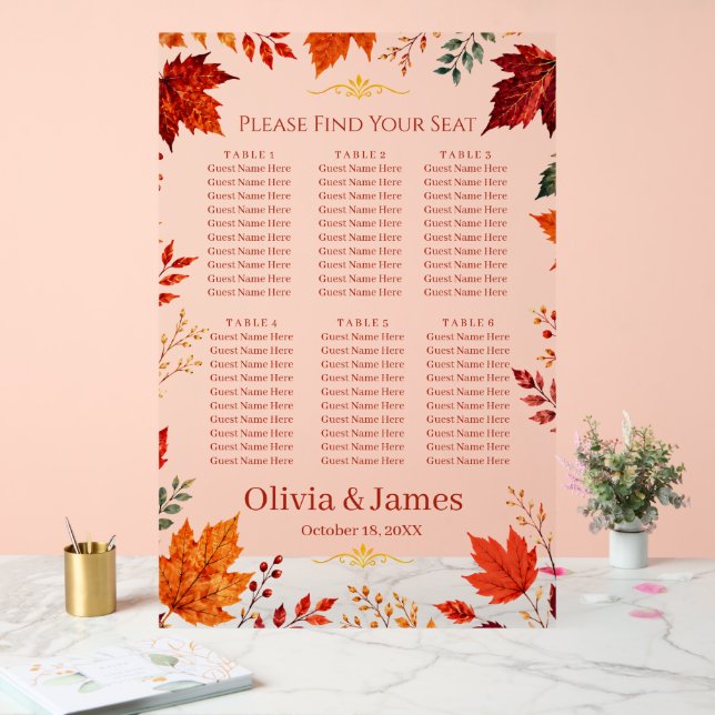 Rustic Fall Autumn Teal and Orange Leaves Seating  Acrylic Sign (Wedding)