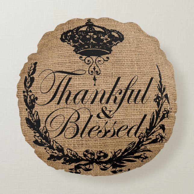 rustic fall autumn thanksgiving thankful blessed round pillow (Front)