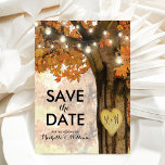 Rustic Fall Autumn Tree Lights Save the Date Announcement Postcard<br><div class="desc">Autumn woodland save the date postcards featuring a rustic fall tree covered in red, orange and yellow leaves, a carved heart with your initials, string twinkle lights and a modern wedding text template. For further personalization, please click the "Customize it" button to modify this template. All text style, colours, and...</div>