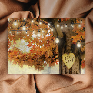 Rustic Fall Autumn Tree Twinkle Light Wedding RSVP Invitation Postcard